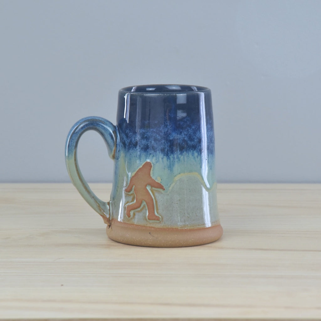 Handmade Bigfoot Mug - perfect gift for outdoor enthusiasts and lovers. Made in Kentucky. Green and Blue glaze. Sasquatch Mug, Yeti Mug