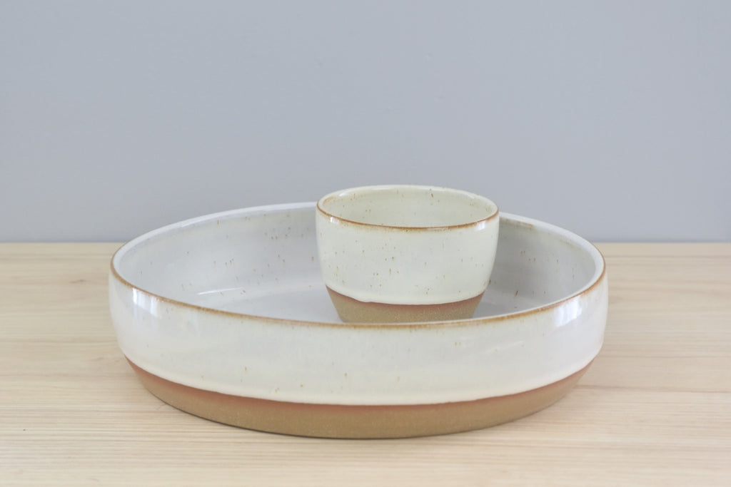 Handmade pottery - ceramic Chip & Dip serving set - vegetable or shrimp serving dish - made in Winchester, KY by Dirty South Pottery. White glaze with speckles.