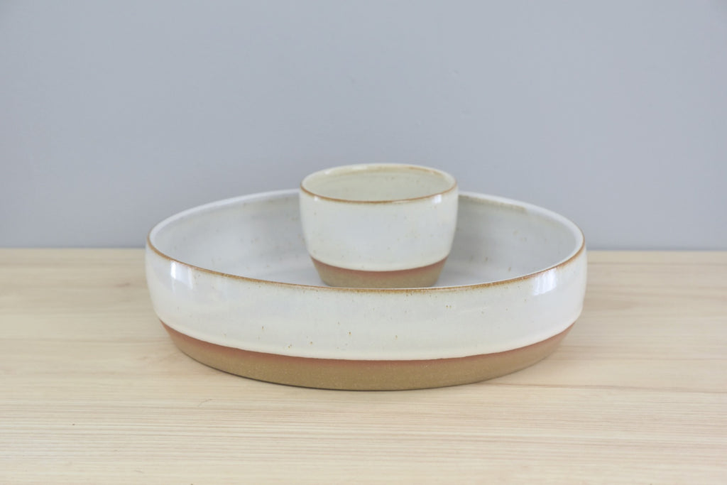 Handmade pottery - ceramic Chip & Dip serving set - vegetable or shrimp serving dish  -  made in Winchester, KY by Dirty South Pottery. White glaze with speckles.