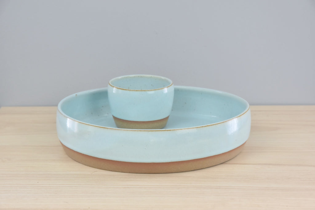 Handmade pottery - ceramic Chip & Dip serving set - vegetable or shrimp serving dish - made in Winchester, KY by Dirty South Pottery. Blue glaze with speckles.