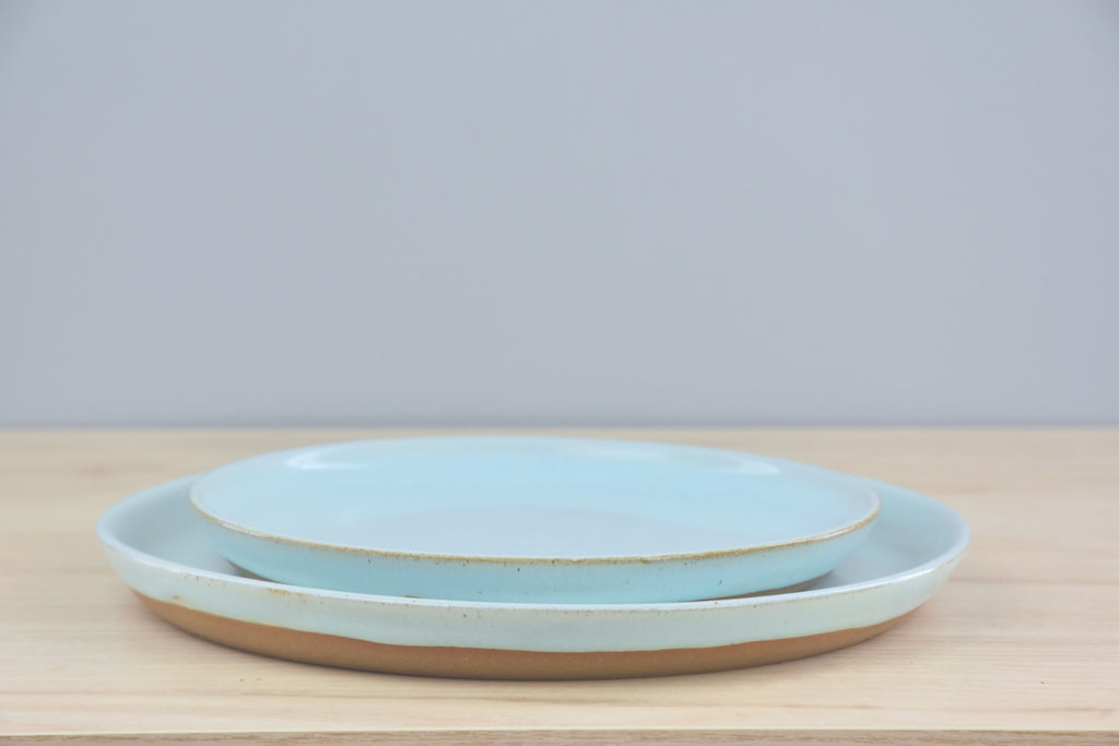 Set of Handmade Lunch & Dinner Plates - White & Blue Glaze for clean, modern aesthetic - made by hand in Winchester, KY at Dirty South Pottery by Kentucky artists.