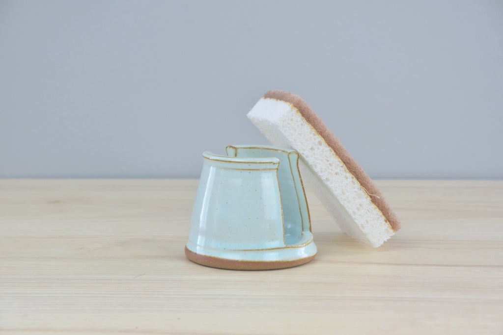 Handmade Sponge Holder - White & Blue Glaze for clean, modern aesthetic - made by hand in Winchester, KY at Dirty South Pottery by Kentucky artists.