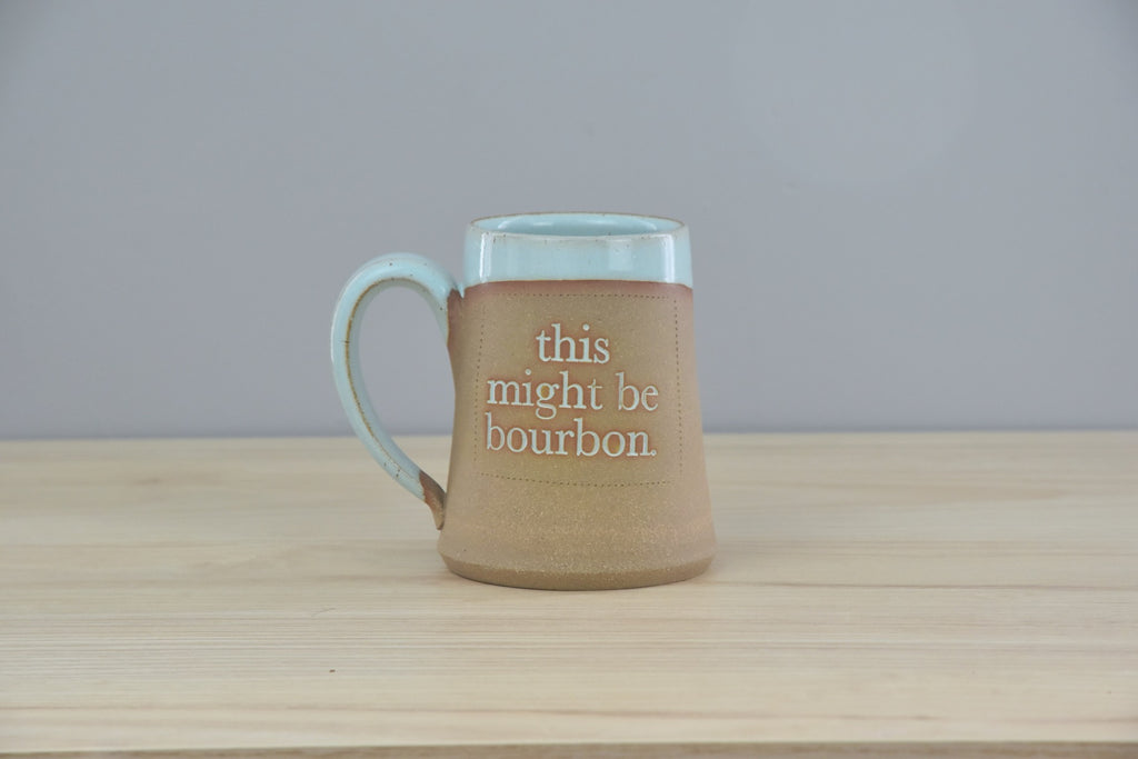'this might be bourbon' Mug in stoneware clay, handmade pottery from Winchester, Kentucky. Unique bourbon gift for any enthusiast or Kentuckian  Edit alt text