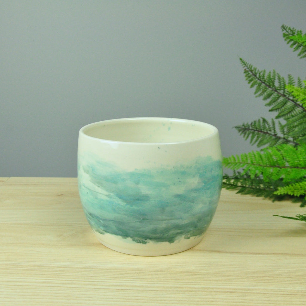 Utensil Crock in Watercolor Collection - Seaside Blue Ombre give a coastal look on this handmade pottery.