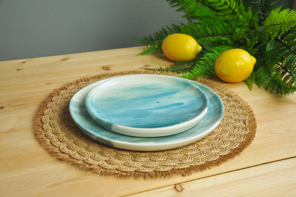 Dinner & Lunch Plates in WaterColor Collection - Coastal Seaside Blues are painted on these handmade plates. Made in Winchester, KY