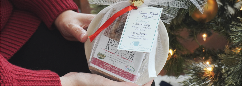 Soap Gift Set - Handmade Ceramic Soap Dish in white with cinnamon goat soap, wrapped and ready for gifting