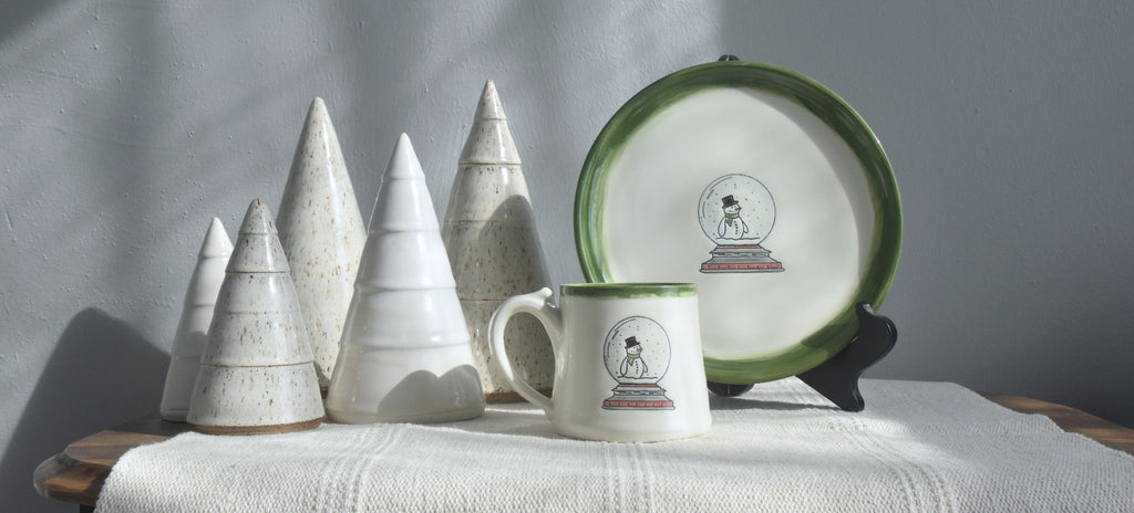 Snow Globe Ceramic Plate and Mug with handmade porcelain trees
