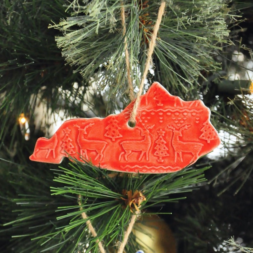 Kentucky Shaped Ornament with Sweater Pattern in Red - Bluegrass State gift, bourbon gift, Kentucky ornament