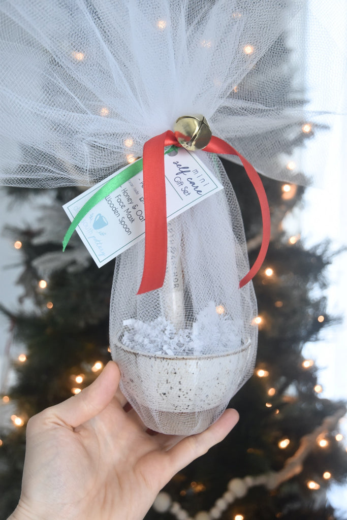 Mini Self Care Gift - includes small handmade ceramic bowl, face mask, and handmade wooden knife - teacher gift idea, friend gift idea