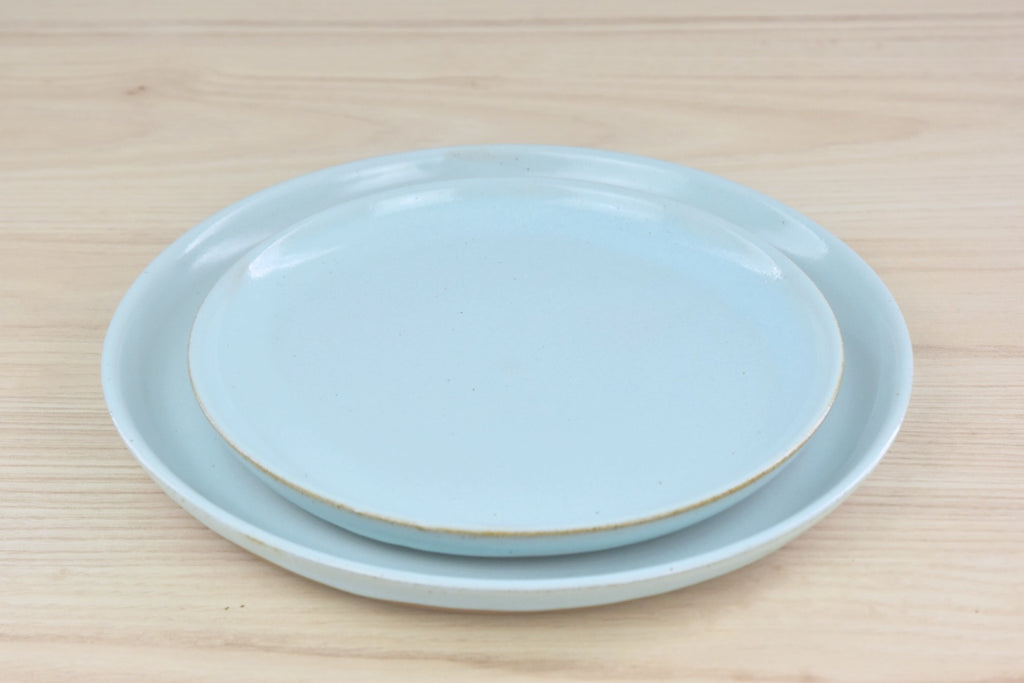 Set of Handmade Lunch & Dinner Plates - White & Blue Glaze for clean, modern aesthetic - made by hand in Winchester, KY at Dirty South Pottery by Kentucky artists.