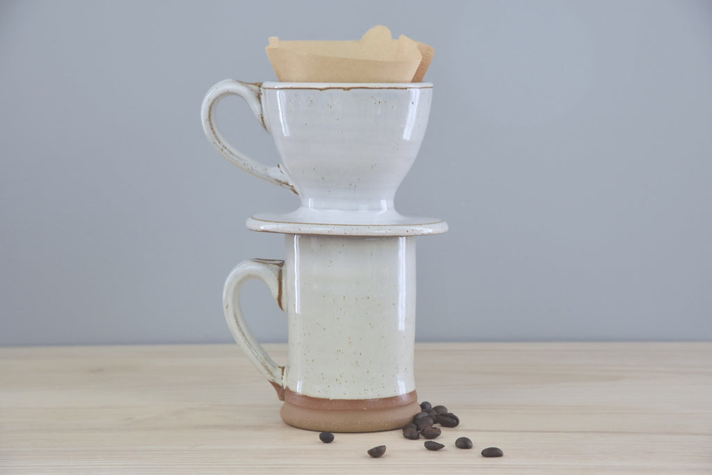Handmade Ceramic Coffee Pour Over - in white & blue glaze for clean, modern aesthetic. All pottery made by hand in Winchester, KY by Kentucky artists