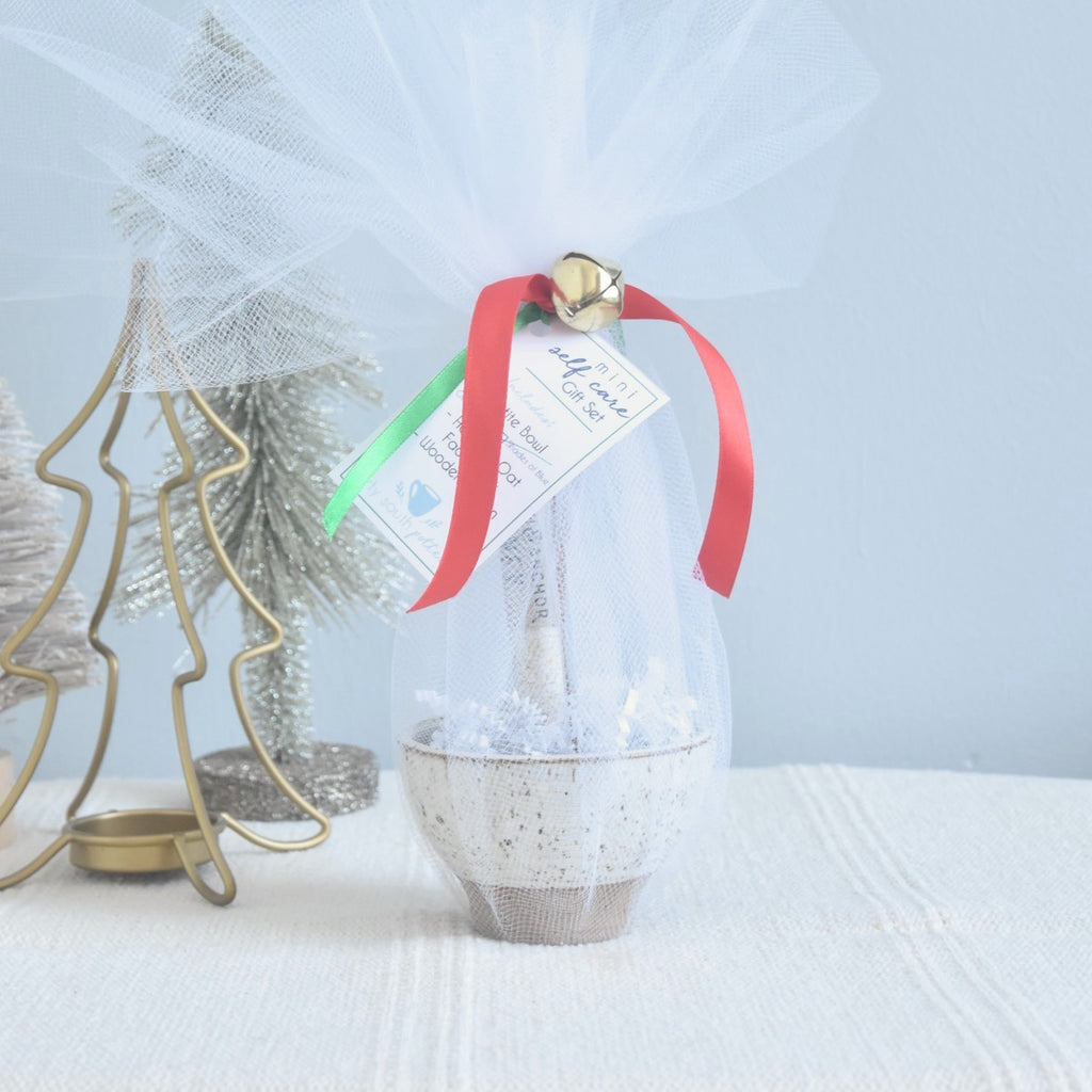 Mini Self Care Gift - includes small handmade ceramic bowl, face mask, and handmade wooden knife - teacher gift idea, friend gift idea