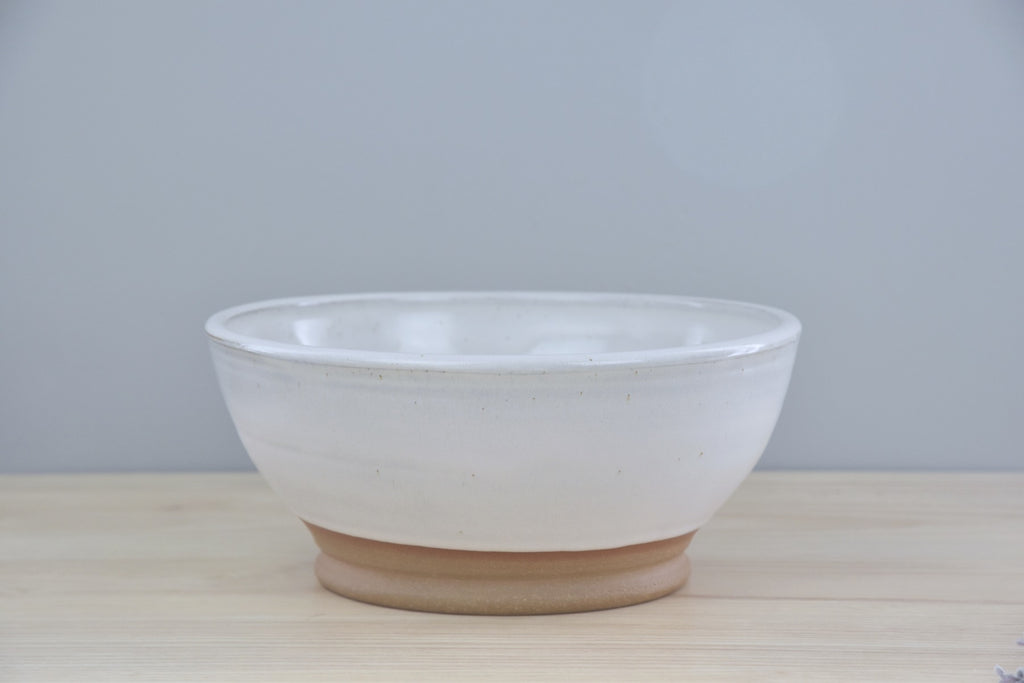 Handmade pottery - ceramic serving bowl made in Winchester, KY by Dirty South Pottery. Large handmade serving bowl in white glaze with speckles.