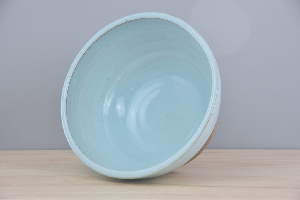 Handmade pottery - ceramic serving bowl made in Winchester, KY by Dirty South Pottery. Large handmade serving bowl in light turquoise blue glaze with speckles.