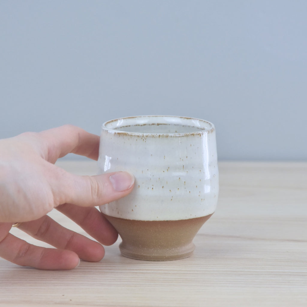 Handmade pottery - ceramic spirit sipper cup - bourbon or whiskey cup -  made in Winchester, KY by Dirty South Pottery. White glaze with speckles.