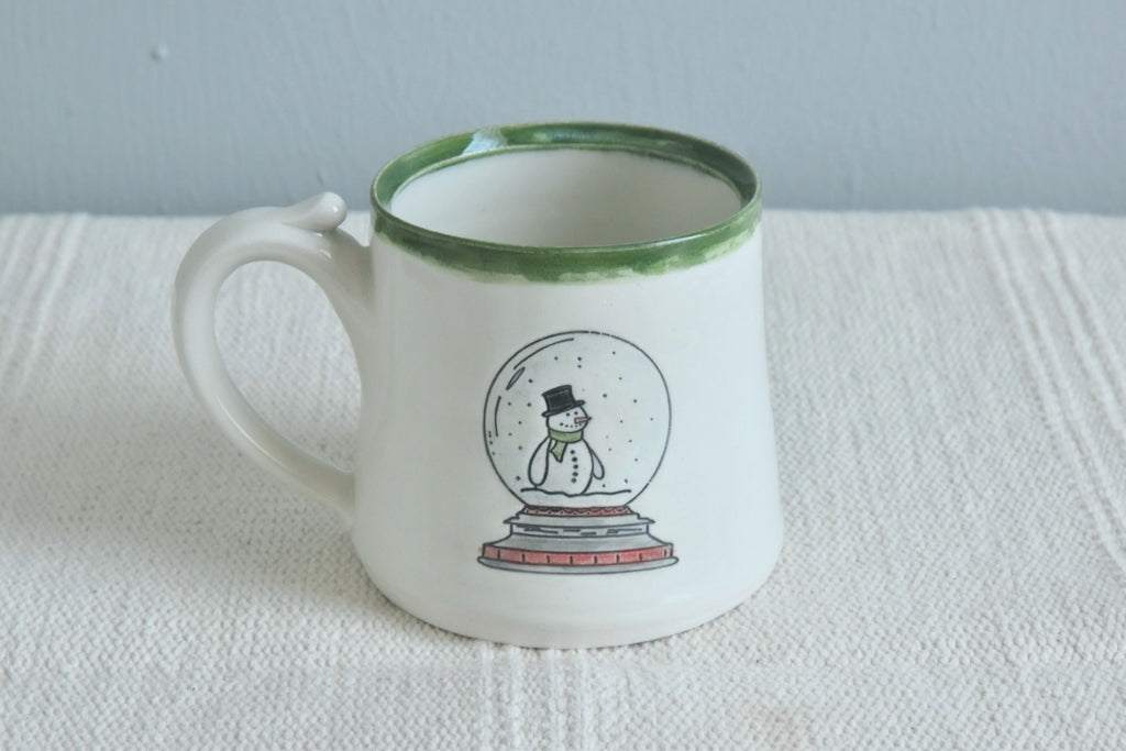 Snowman Snow Globe Holiday Ceramic Mug - Coffee Hot Chocolate Christmas Mug - Handmade in Winchester, Kentucky - copyright Dirty South Pottery