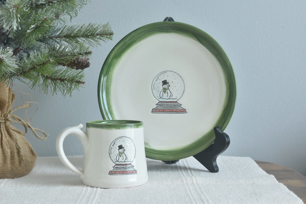 Snowman Snow Globe Holiday Ceramic Mug - Coffee Hot Chocolate Christmas Mug - Handmade in Winchester, Kentucky - copyright Dirty South Pottery
