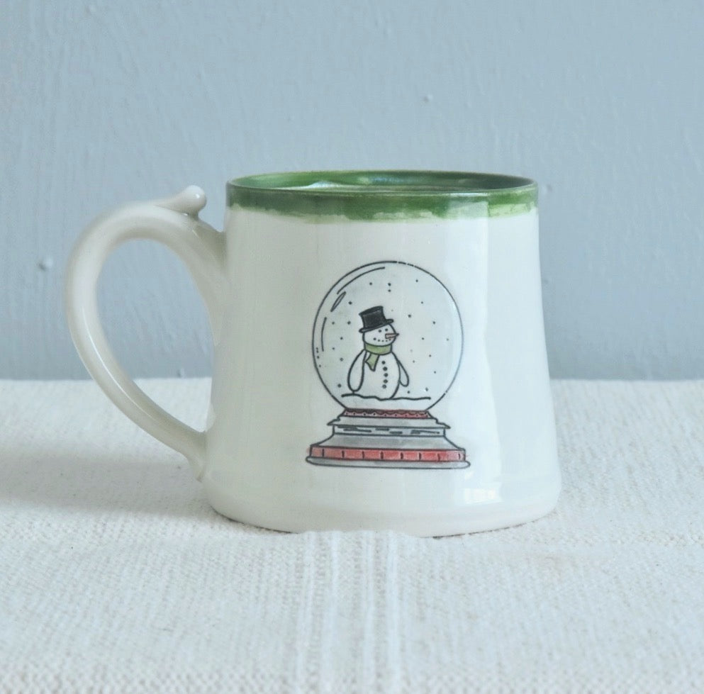 Snowman Snow Globe Holiday Ceramic Mug - Coffee Hot Chocolate Christmas Mug - Handmade in Winchester, Kentucky - copyright Dirty South Pottery