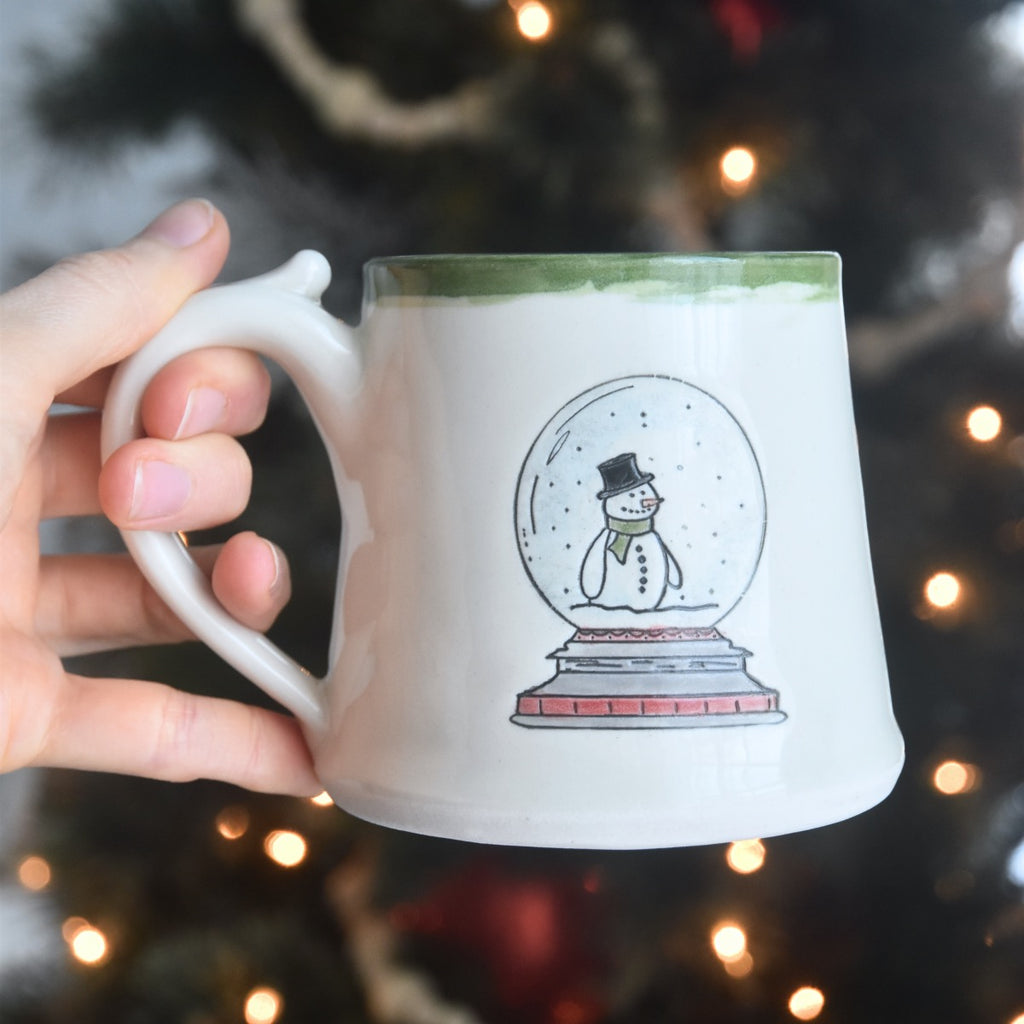 Snowman Snow Globe Holiday Ceramic Mug - Coffee Hot Chocolate Christmas Mug - Handmade in Winchester, Kentucky - copyright Dirty South Pottery