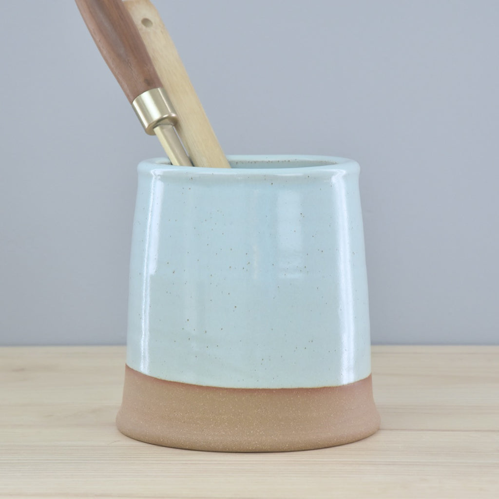Handmade Ceramic Utensil Crock - in white & blue glaze for clean, modern aesthetic. All pottery made by hand in Winchester, KY by Kentucky artists