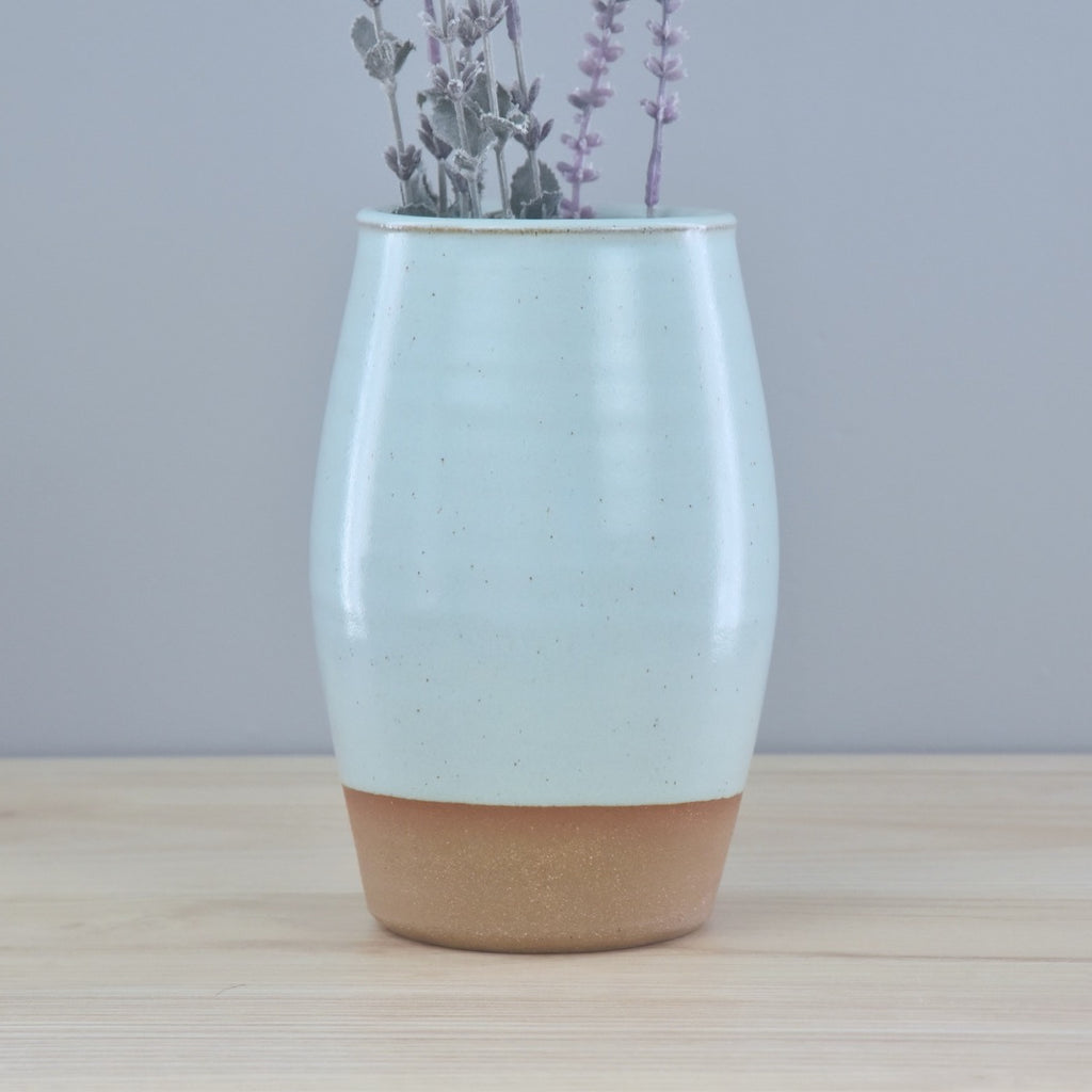 Handmade Flower Vase - White & Blue Glaze for clean, modern aesthetic - made by hand in Winchester, KY at Dirty South Pottery by Kentucky artists.