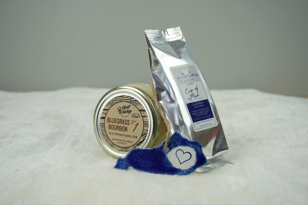 Bit of Bluegrass Gift Set . Kentucky Ornament, Cup of Mud Coffee, and Bluegrass Bourbon Candle wrapped and ready to gift . Teacher gift idea, hostess gift idea