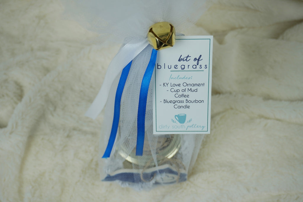 Bit of Bluegrass Gift Set . Kentucky Ornament, Cup of Mud Coffee, and Bluegrass Bourbon Candle wrapped and ready to gift . Teacher gift idea, hostess gift idea