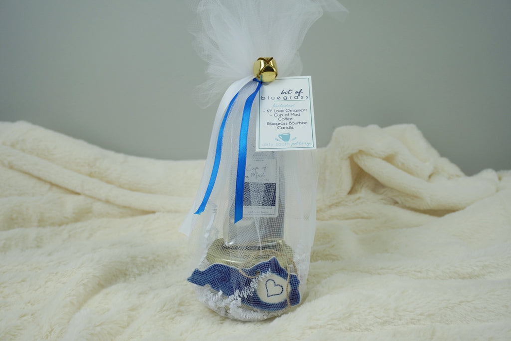 Bit of Bluegrass Gift Set . Kentucky Ornament, Cup of Mud Coffee, and Bluegrass Bourbon Candle wrapped and ready to gift . Teacher gift idea, hostess gift idea