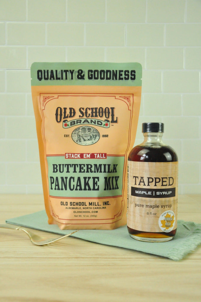 Old School Brand Pancake Mix pairs well with our handmade pottery and pure maple syrup for a unique gift - in Winchester, Kentucky