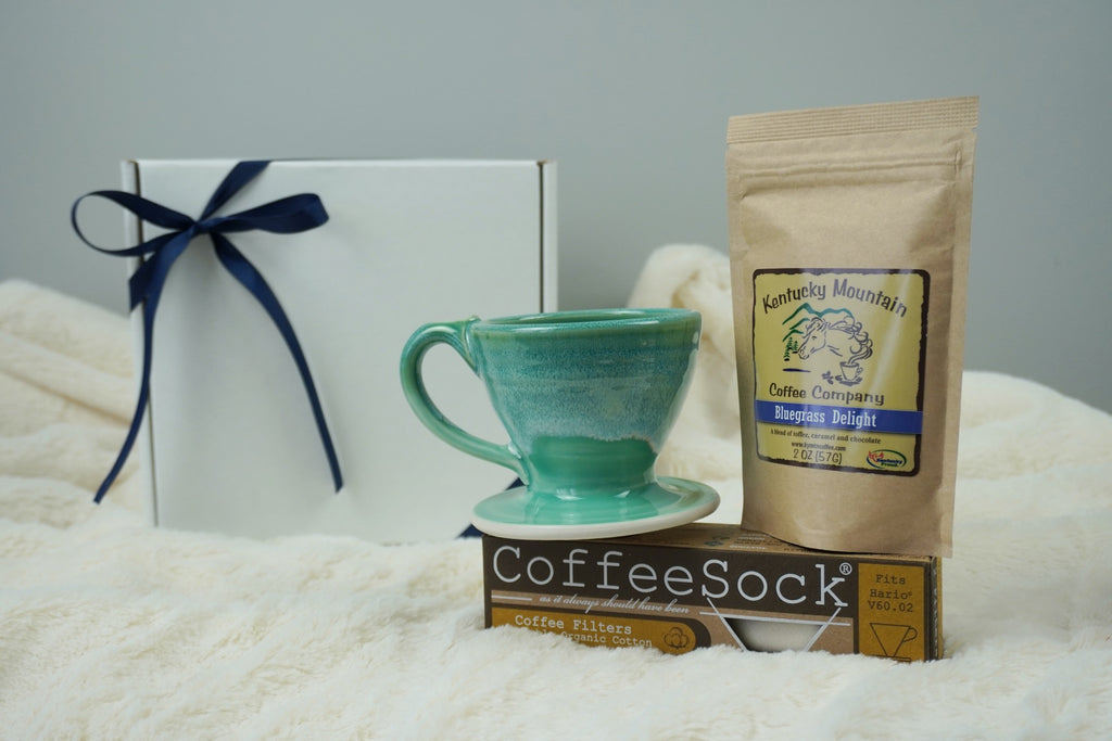 Drip Coffee Starter Pack - Includes a handmade ceramic pour over, a reusable filter, and Bluegrass Delight coffee . gifts for coffee drinkers, gift idea for coffee lovers, handmade gift ideas