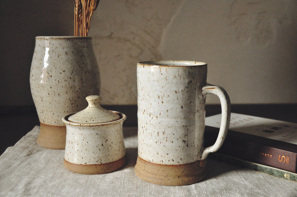 Large Handmade Mug - Speckled White Glaze on Stoneware - Farmhouse Style