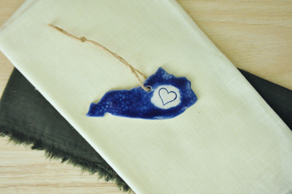 Kentucky Shaped blue ornament with a heart - Bring Kentucky home for the holidays