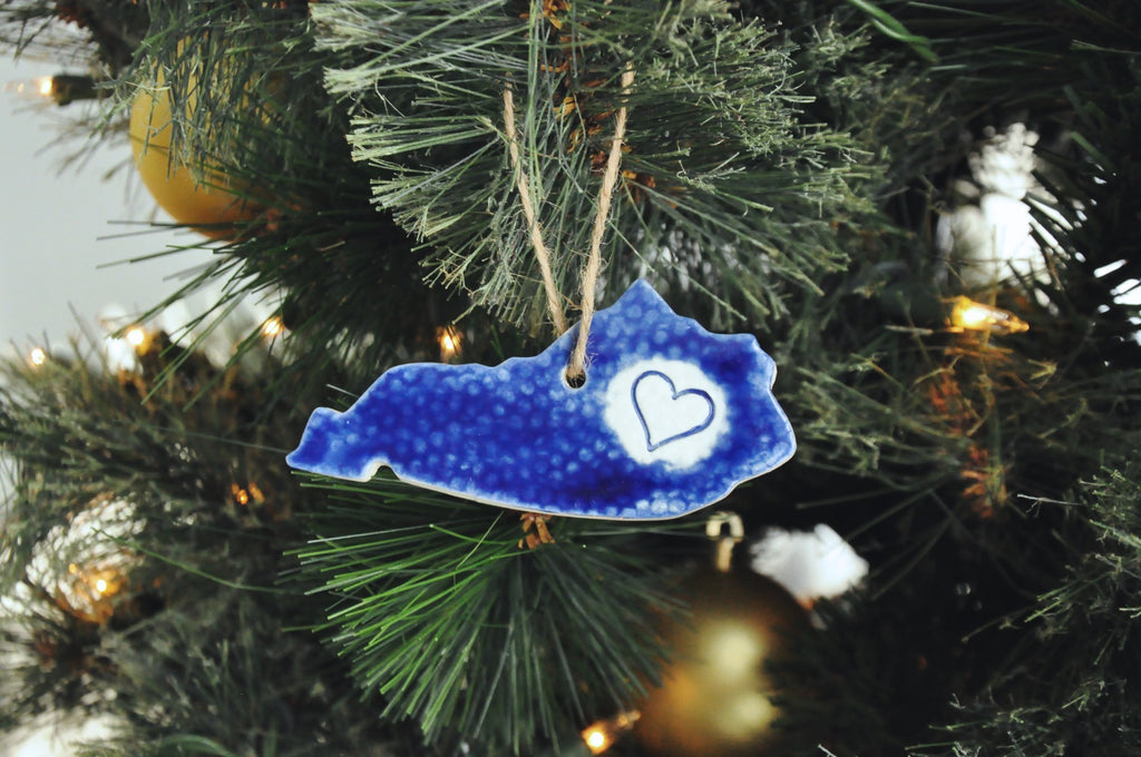 Kentucky Shaped blue ornament with a heart - Bring Kentucky home for the holidays