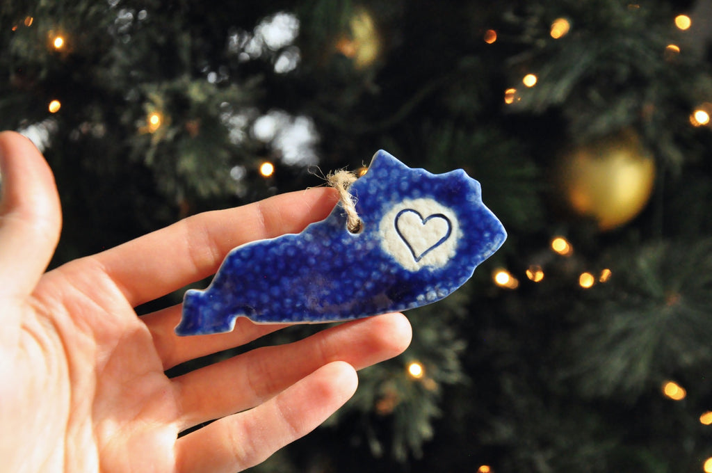 Kentucky Shaped blue ornament with a heart - Bring Kentucky home for the holidays