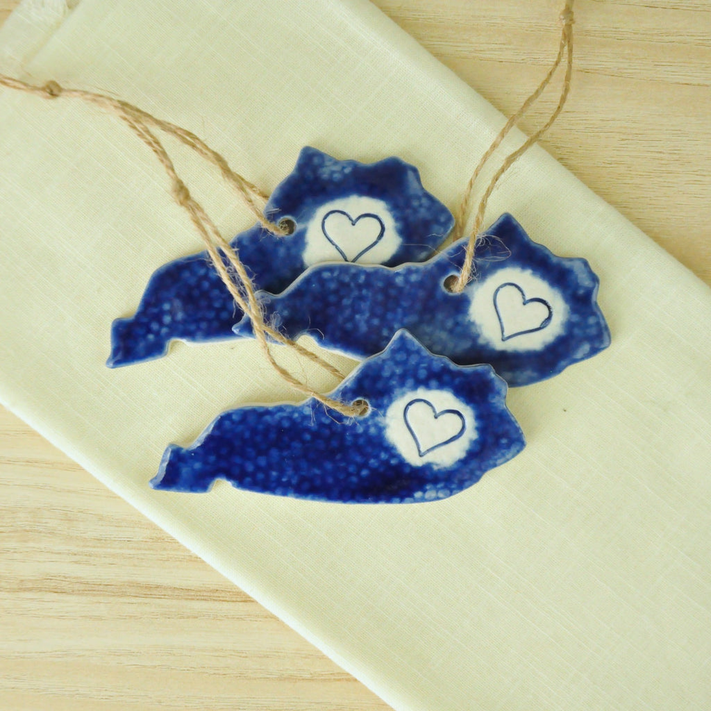 Kentucky Shaped blue ornament with a heart - Bring Kentucky home for the holidays