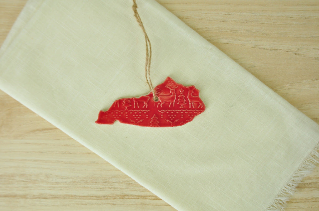 Kentucky Shaped Ornament with Sweater Pattern in Red - Bluegrass State gift, bourbon gift, Kentucky ornament