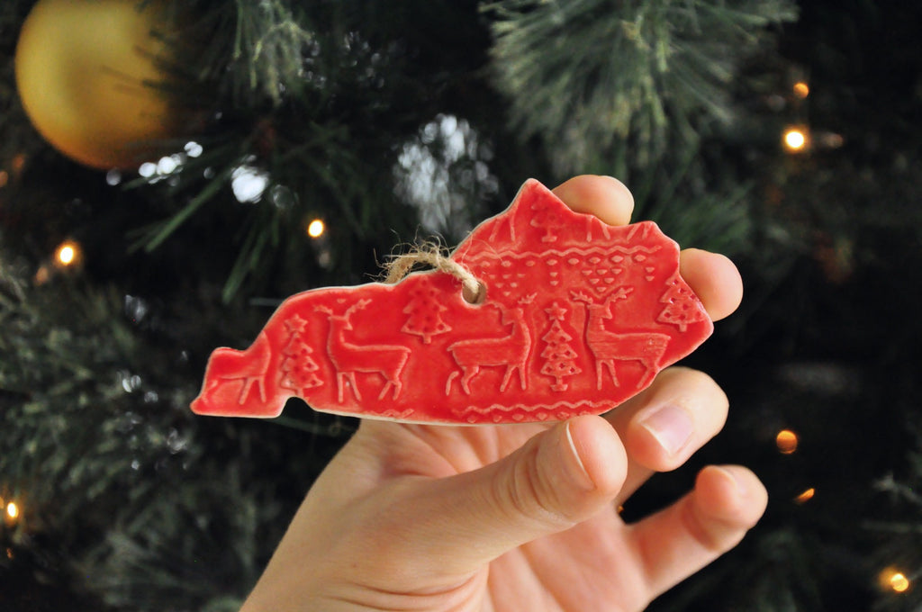 Kentucky Shaped Ornament with Sweater Pattern in Blue or Red - Bluegrass State gift, bourbon gift, Kentucky ornament