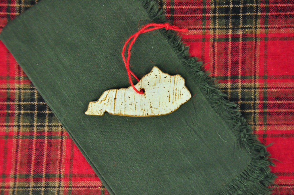 Kentucky Shaped ornament with tree bark texture in white - rustic ornament, farmhouse ornament, Kentucky ornament