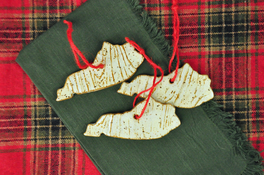 Kentucky Shaped ornament with tree bark texture in white - rustic ornament, farmhouse ornament, Kentucky ornament