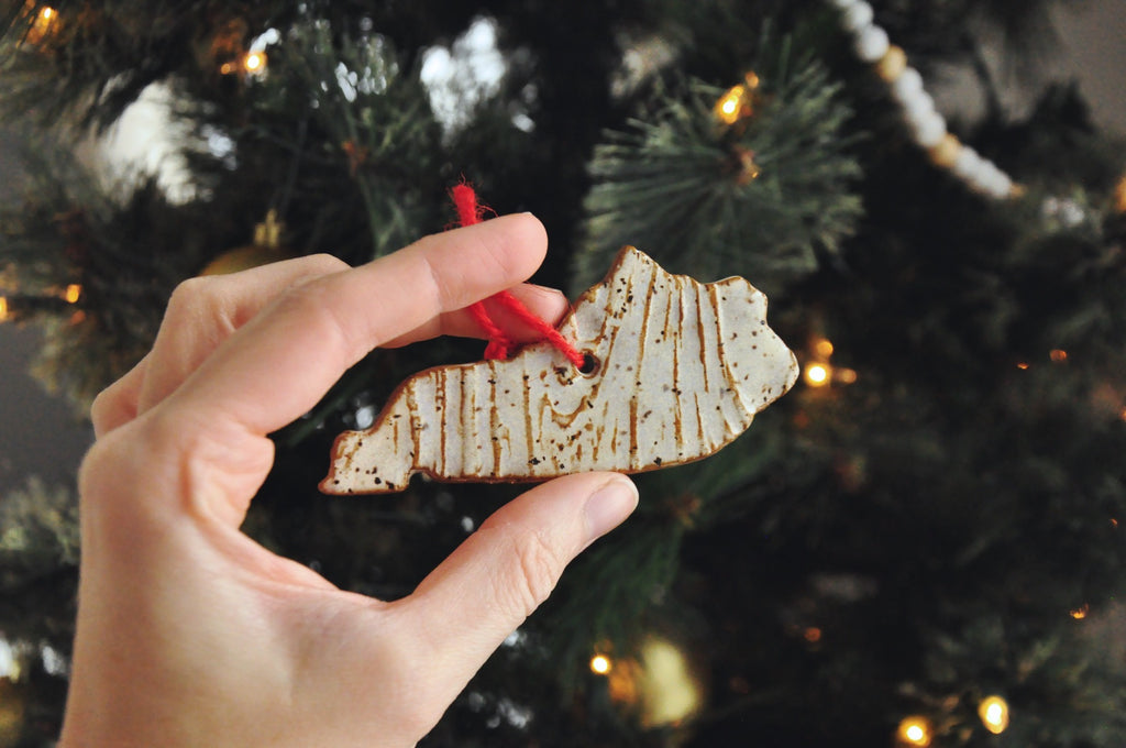 Kentucky Shaped ornament with tree bark texture in white - rustic ornament, farmhouse ornament, Kentucky ornament