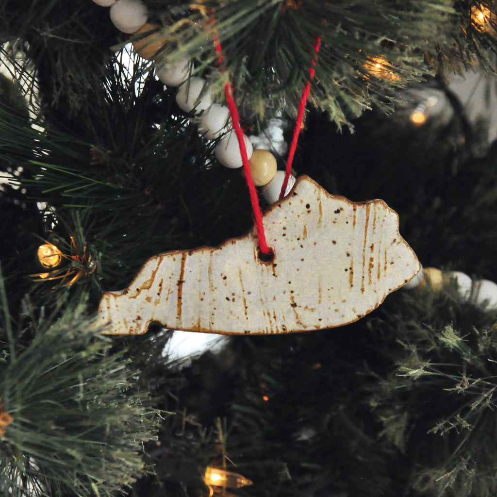 Kentucky Shaped ornament with tree bark texture in white - rustic ornament, farmhouse ornament, Kentucky ornament
