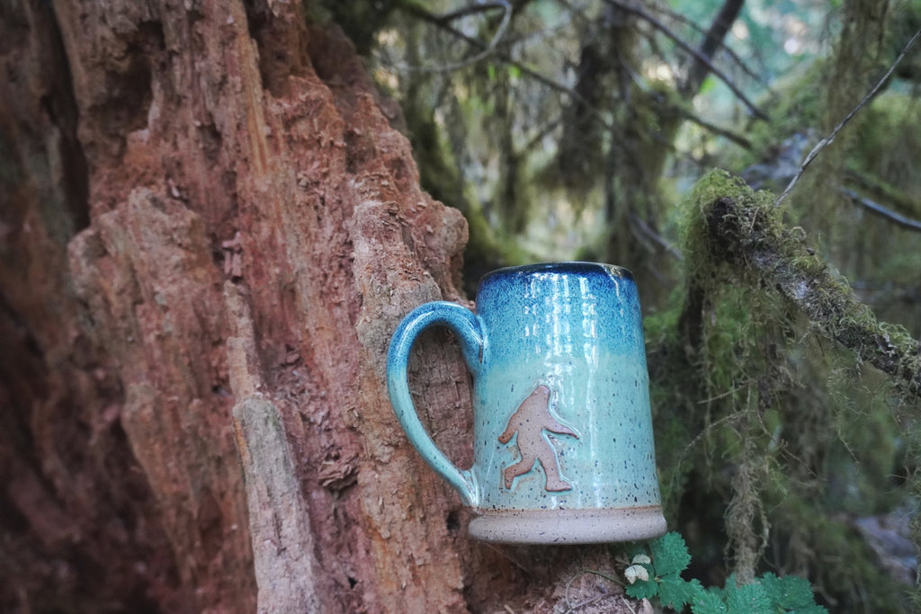 Handmade Sasquatch Mug with Patterson Gimlin Film pose in Pacific Northwest woods