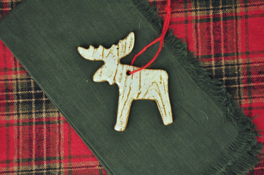 Moose Shape rustic ornament with texture in white and brown, woodland ornament, mountain moose ornament