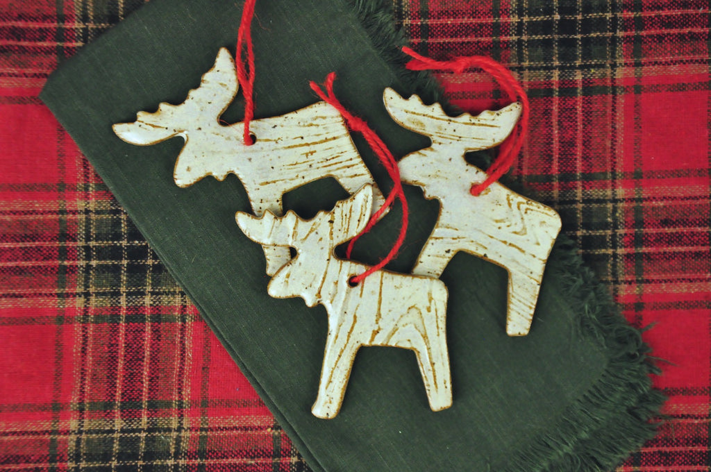Moose Shape rustic ornament with texture in white and brown, woodland ornament, mountain moose ornament