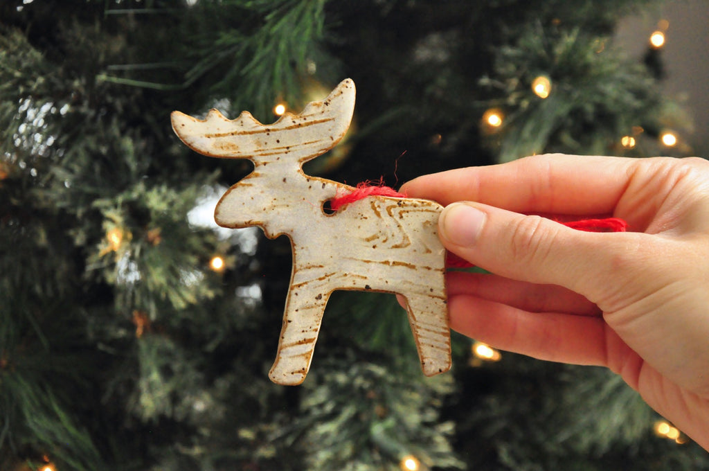 Moose Shape rustic ornament with texture in white and brown, woodland ornament, mountain moose ornament