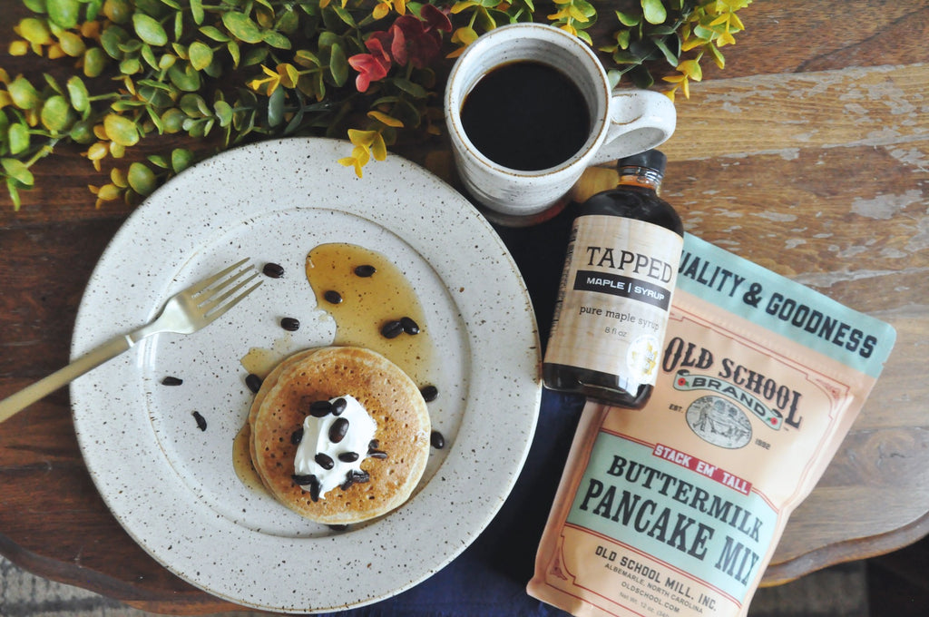 Old School Brand Pancake Mix pairs well with our handmade pottery and pure maple syrup for a unique gift - in Winchester, Kentucky