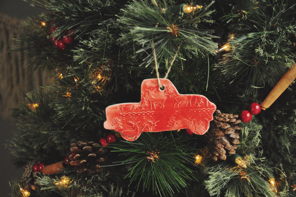 Red Truck Ornament with Sweater Pattern - Nostalgia, Country, Rustic Christmas Ornament