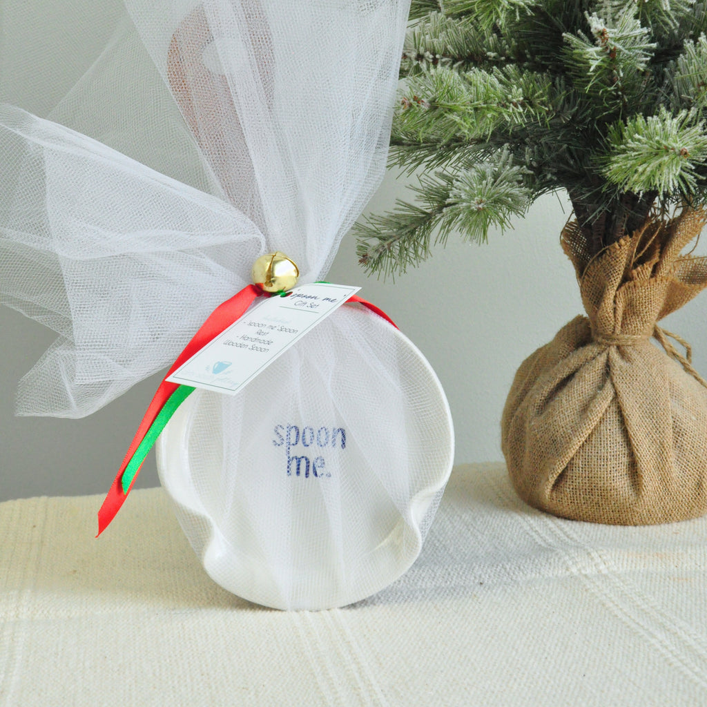 Spoon Me Spoon Rest Gift Bundle - White Spoon Rest with the words Spoon Me stamped in blue font alongside a handmade wooden spoon, tied in tulle with a bell and ribbon.