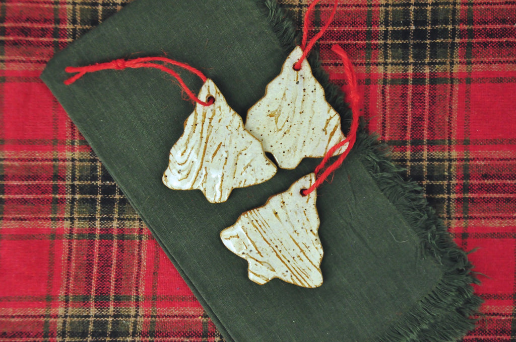 Handmade Christmas tree shape ornament with texture in white and brown, classic Christmas ornament, farmhouse tree ornament