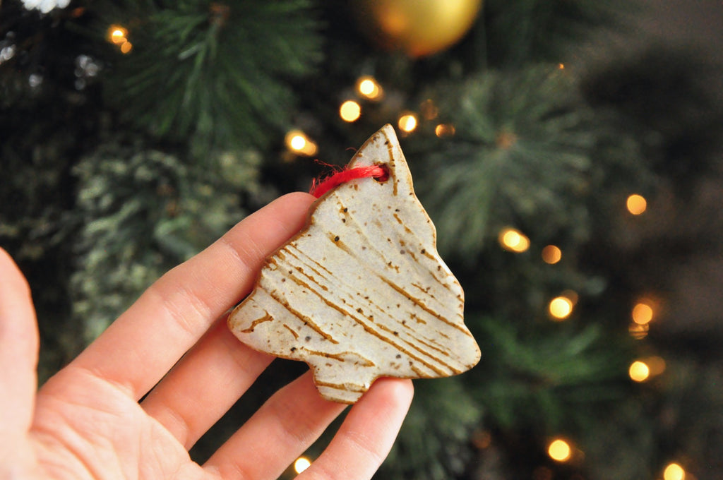 Handmade Christmas tree shape ornament with texture in white and brown, classic Christmas ornament, farmhouse tree ornament